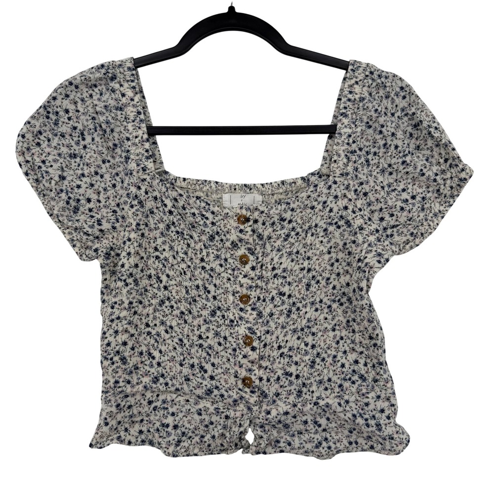 Ivy + Main Floral Puff Sleeve Blouse Womens Large Smocked Back Ruffle Crop Top